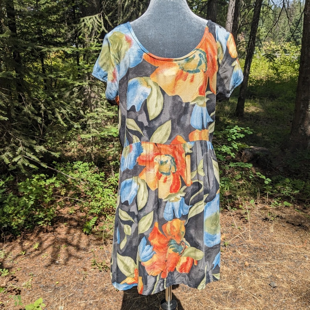 Vintage 90s Watercolor Floral Rayon Mini Dress M Button Front Babydoll Pockets - Picture 4 of 16
